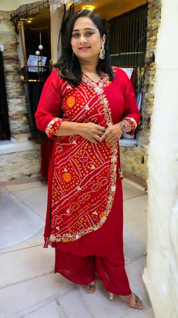 Red Hetal Bhandej Chinon silk Set