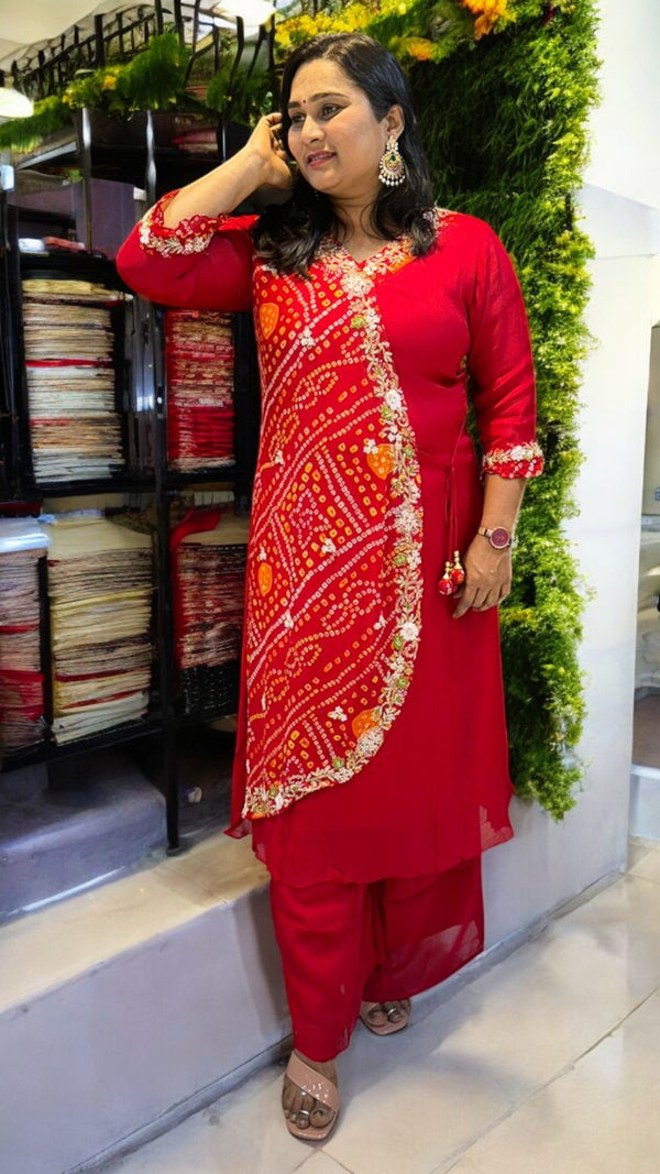 Red Hetal Bhandej Chinon silk Set