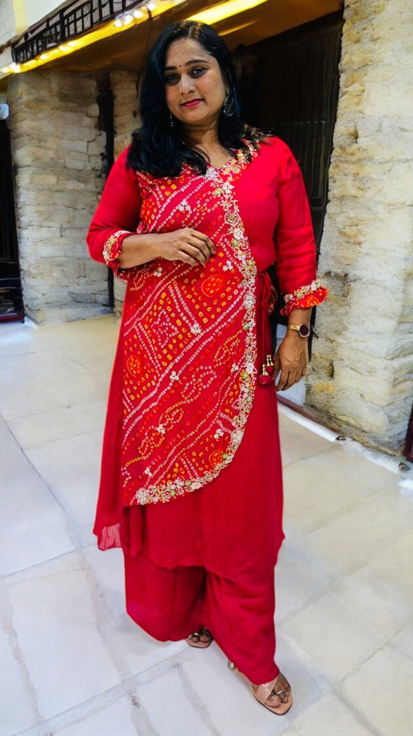 Red Hetal Bhandej Chinon silk Set