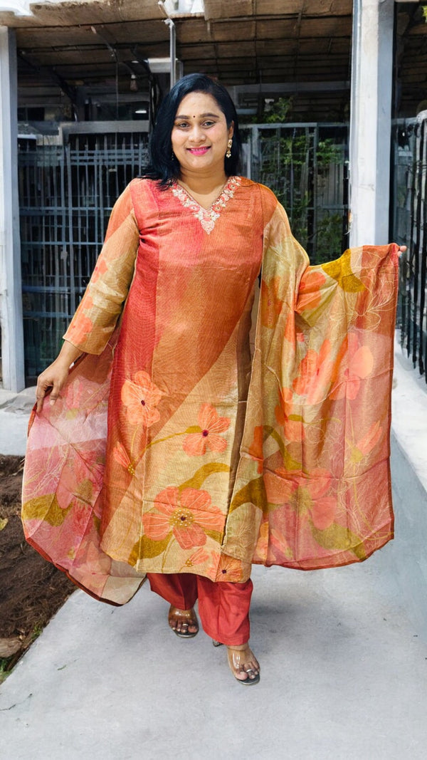 Rust Maroon Viba Tissue silk suit set