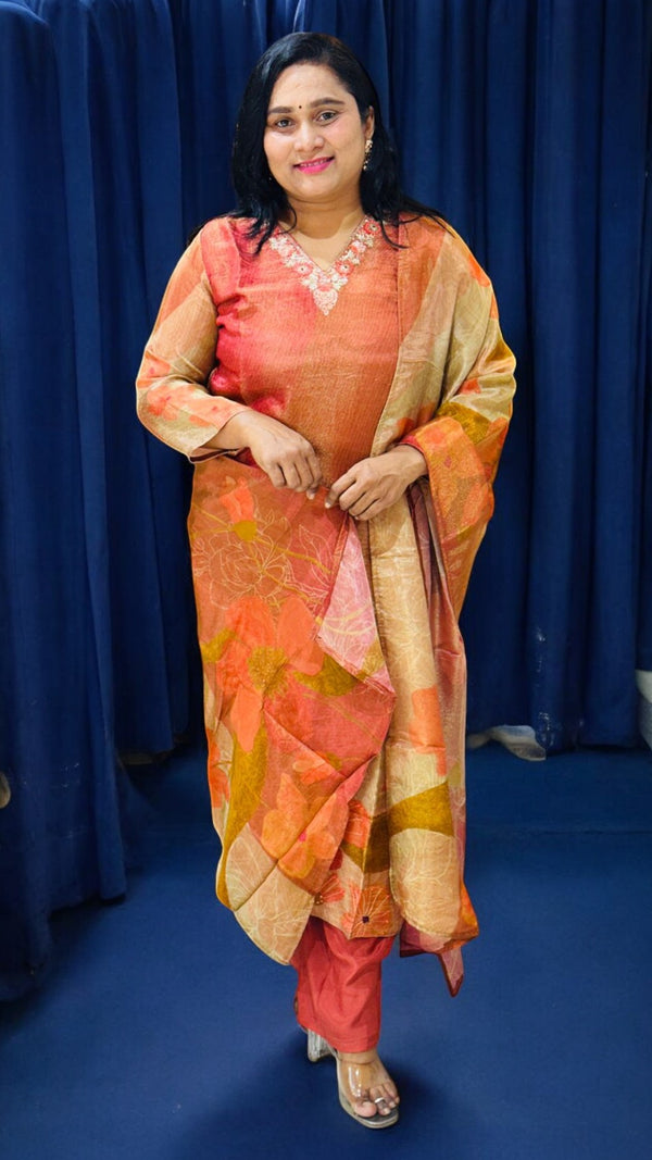 Rust Maroon Viba Tissue silk suit set