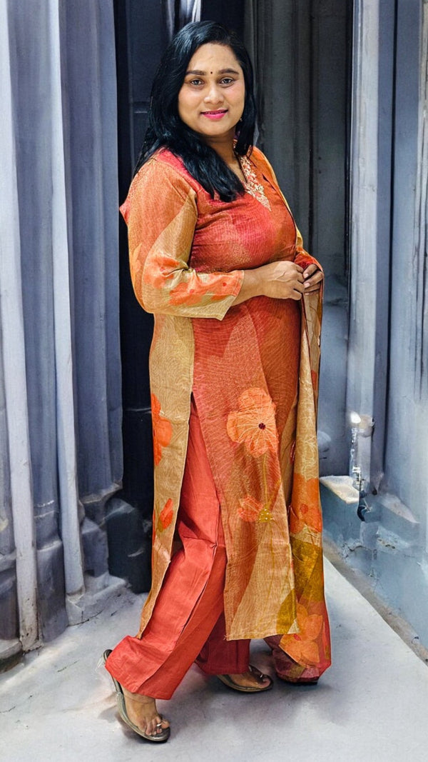 Rust Maroon Viba Tissue silk suit set