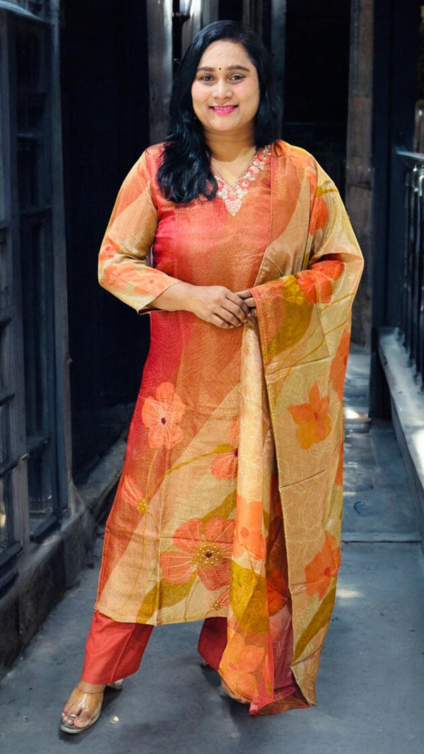 Rust Maroon Viba Tissue silk suit set