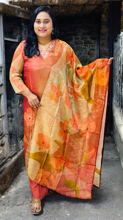Rust Maroon Viba Tissue silk suit set