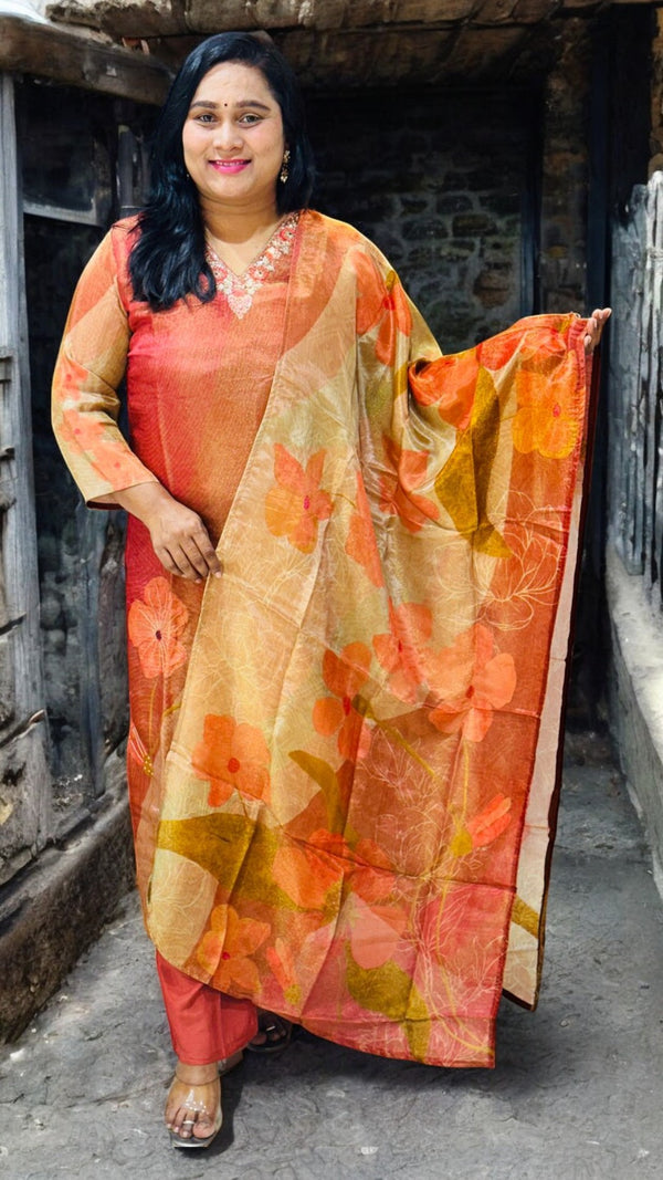 Rust Maroon Viba Tissue silk suit set