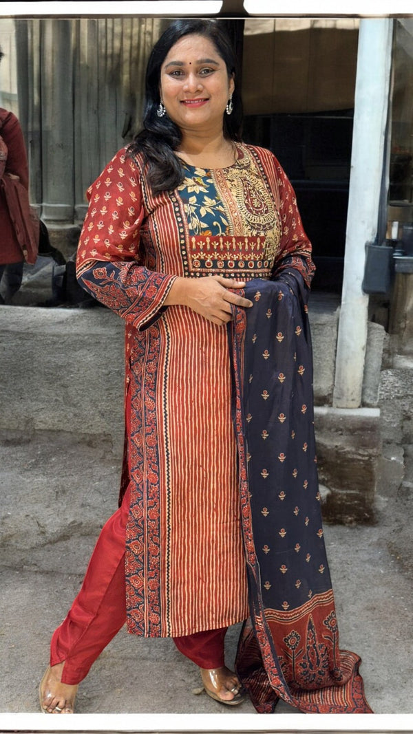 Maroon Arya Pure Crepe silk Ajrak Suit set