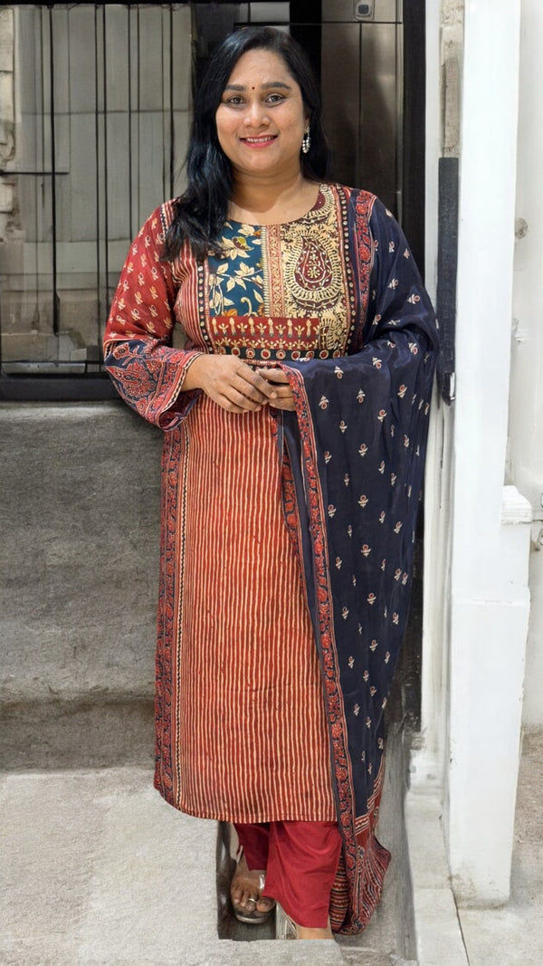 Maroon Arya Pure Crepe silk Ajrak Suit set
