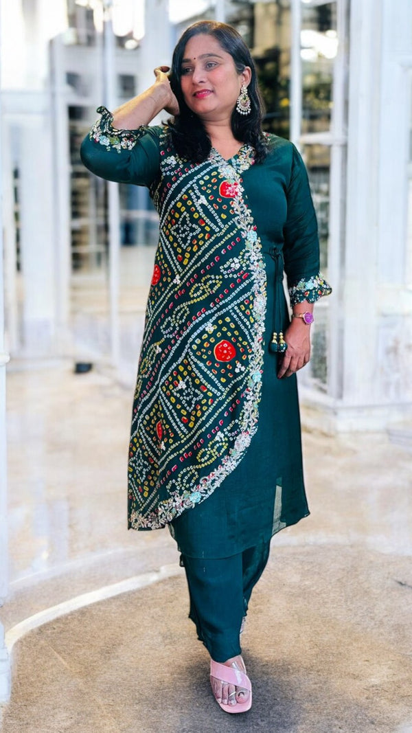 Green Hetal Bhandej Chinon silk set