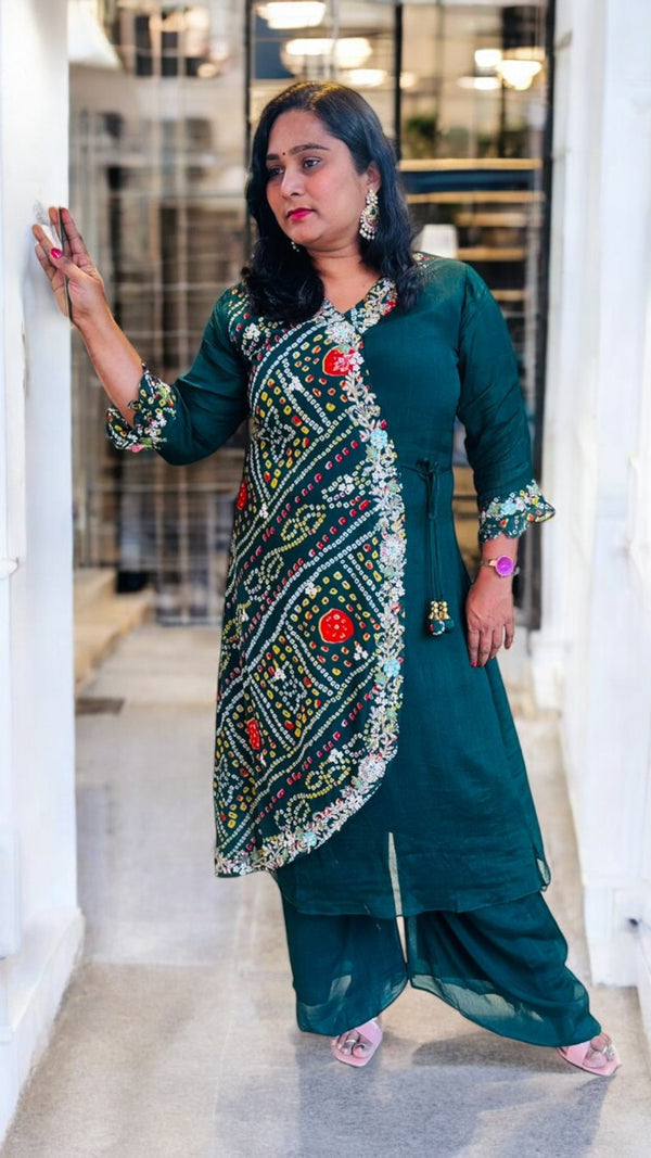 Green Hetal Bhandej Chinon silk set