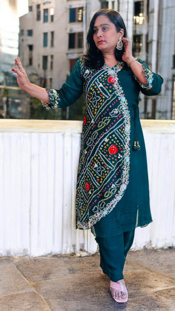Green Hetal Bhandej Chinon silk set