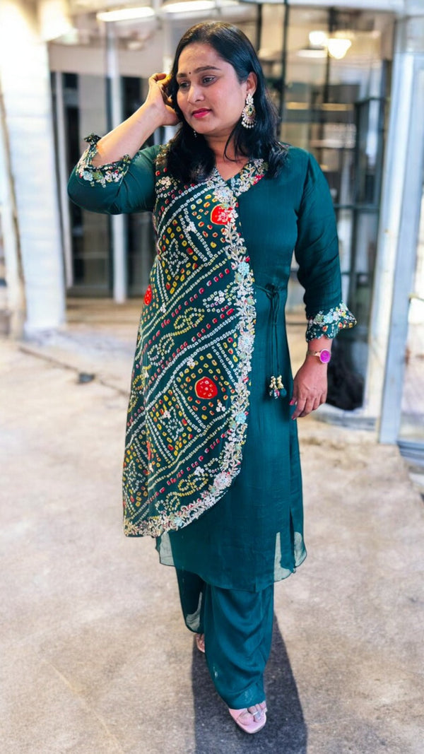 Green Hetal Bhandej Chinon silk set