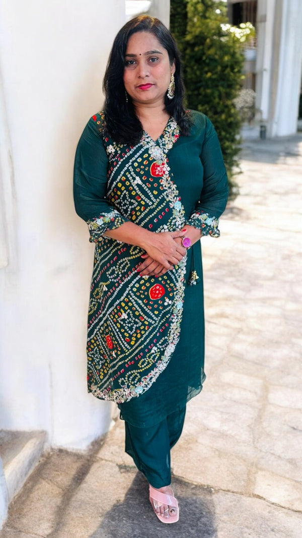 Green Hetal Bhandej Chinon silk set