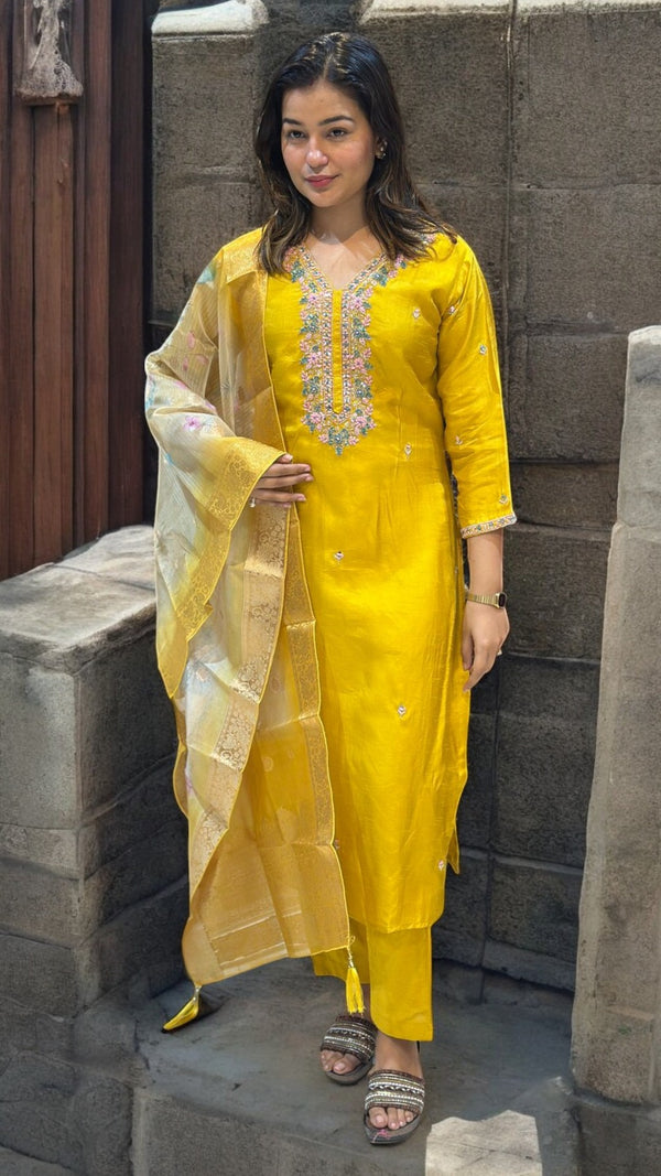 Yellow Puja dola silk Hand embroidery suit set