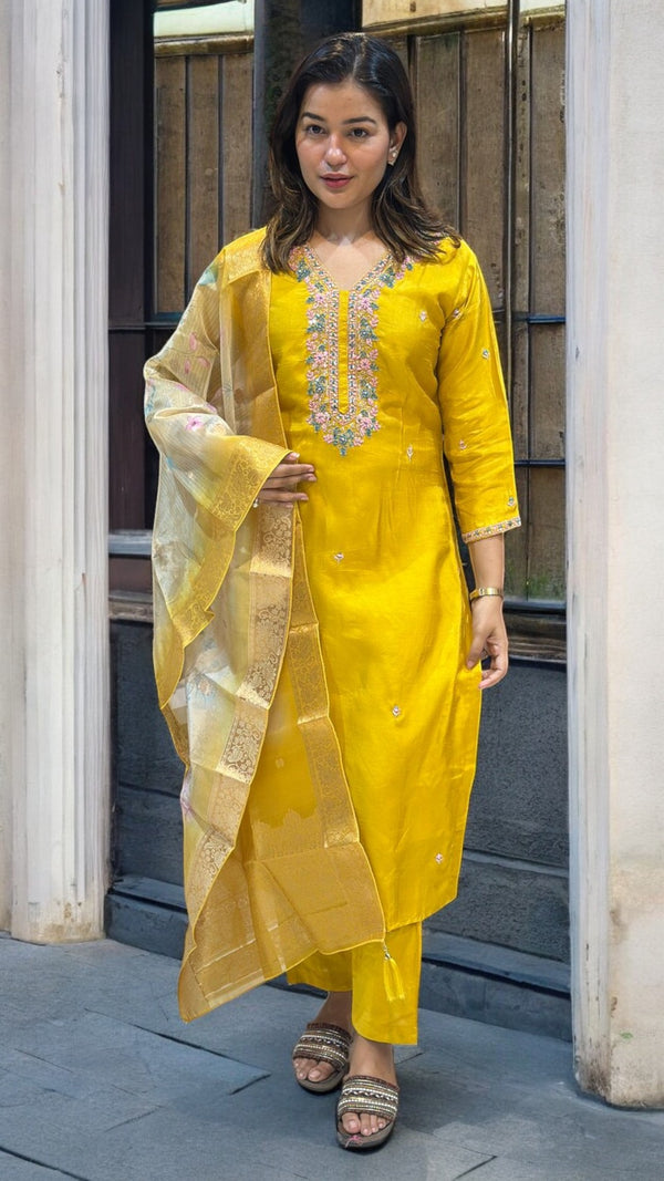 Yellow Puja dola silk Hand embroidery suit set
