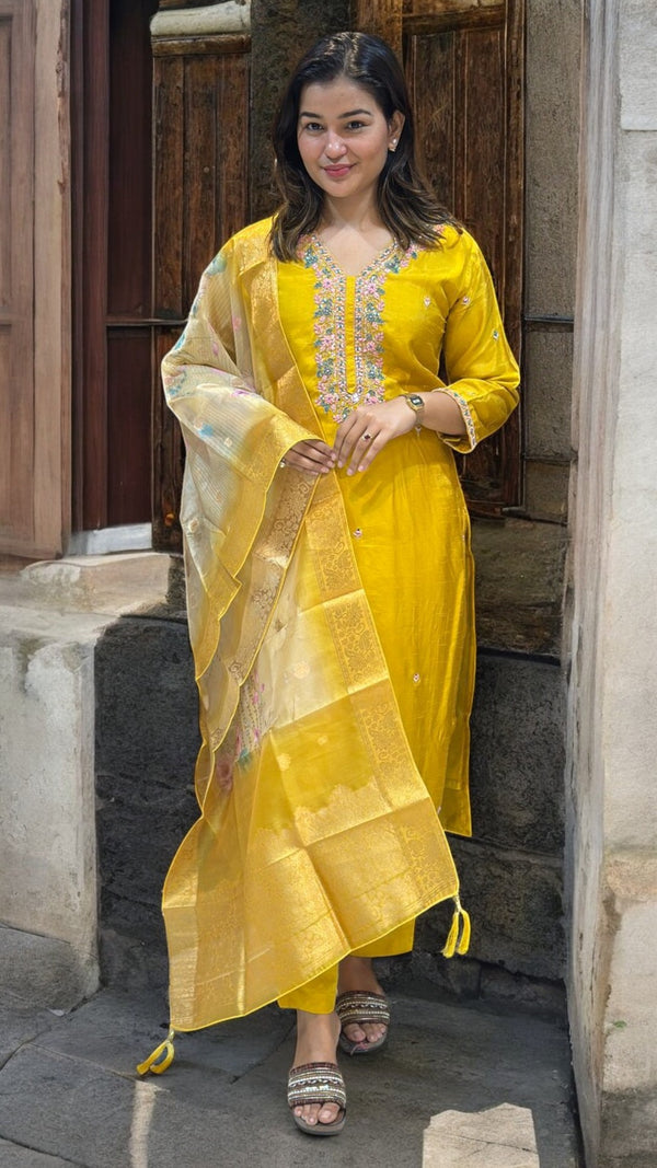 Yellow Puja dola silk Hand embroidery suit set