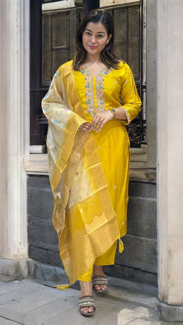 Yellow Puja dola silk Hand embroidery suit set