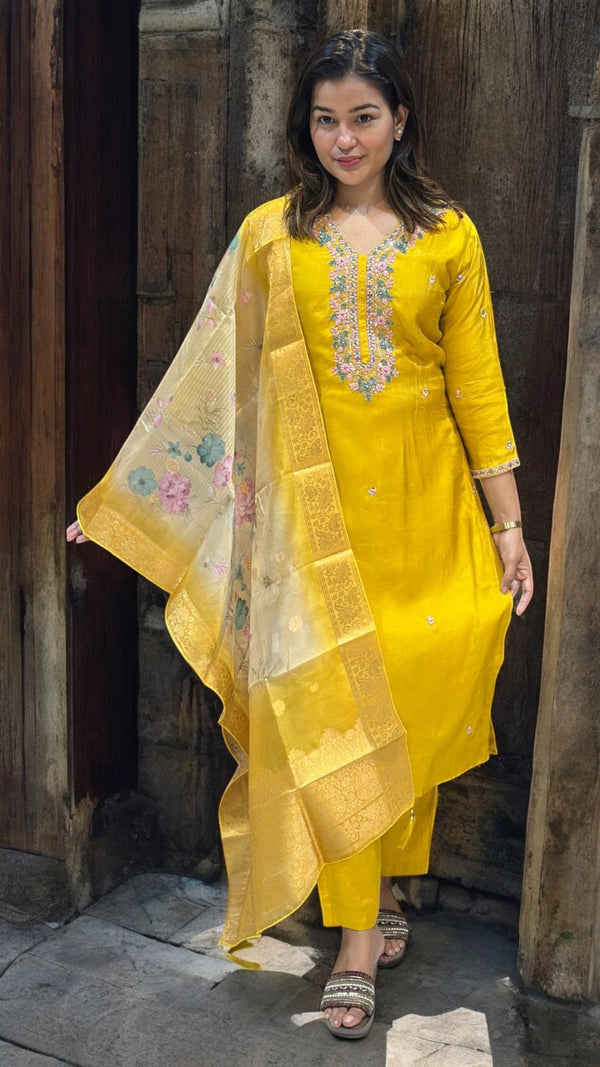 Yellow Puja dola silk Hand embroidery suit set