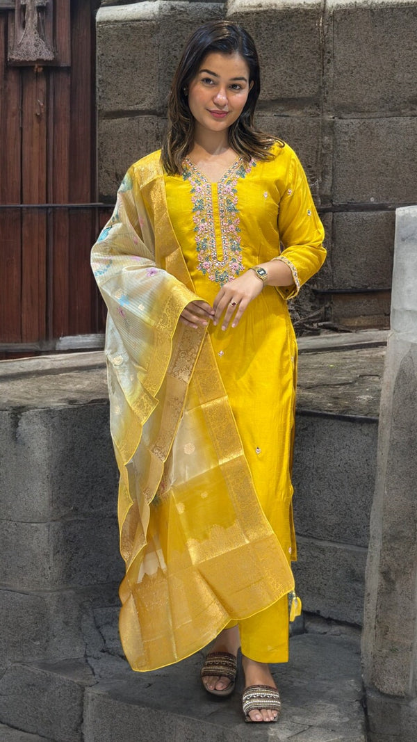 Yellow Puja dola silk Hand embroidery suit set