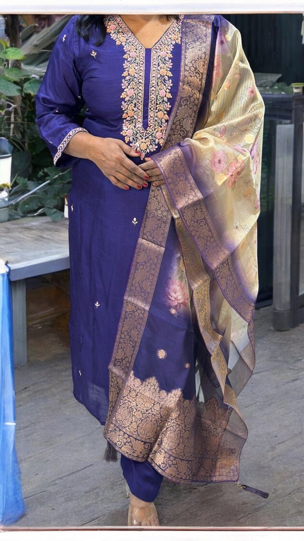 Purple Puja Dola silk Hand embroidery Suit set