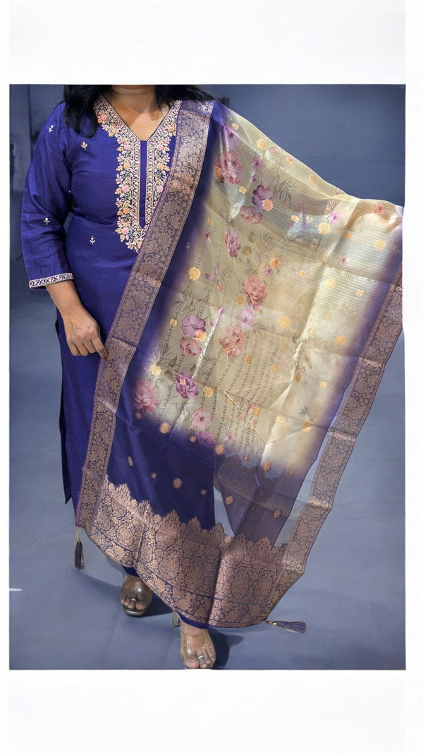 Purple Puja Dola silk Hand embroidery Suit set