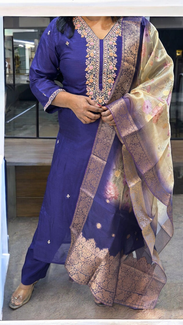 Purple Puja Dola silk Hand embroidery Suit set