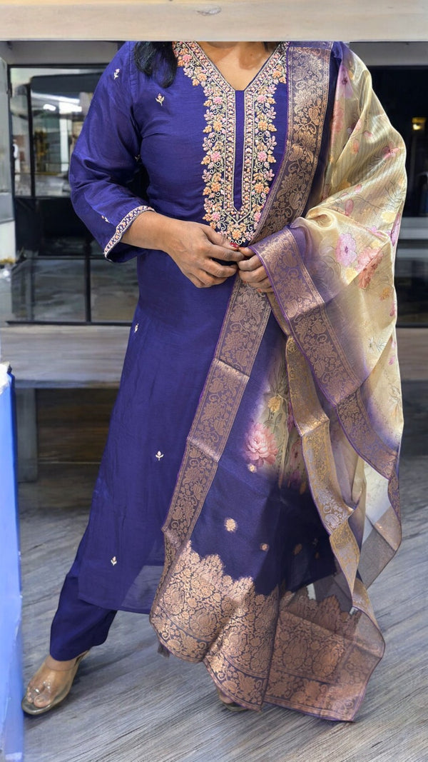 Purple Puja Dola silk Hand embroidery Suit set