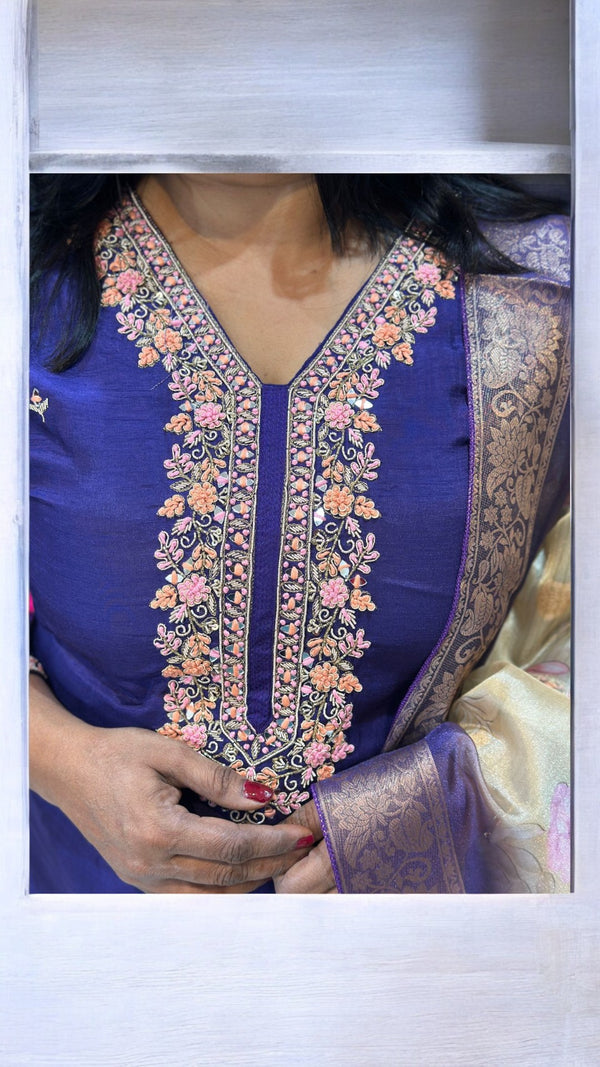 Purple Puja Dola silk Hand embroidery Suit set