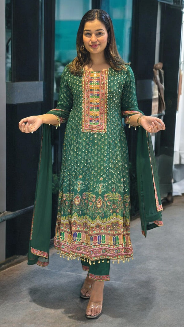 Green Himani  Crepe silk Panel  Anarkali
