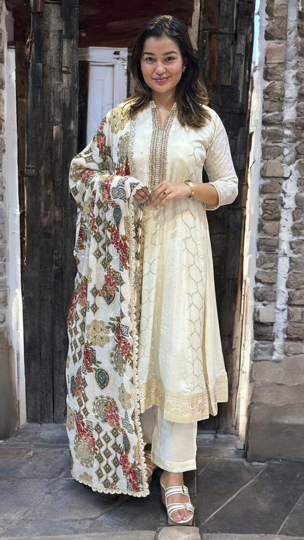 Ivory Nupur chinon silk Panel Anarkali