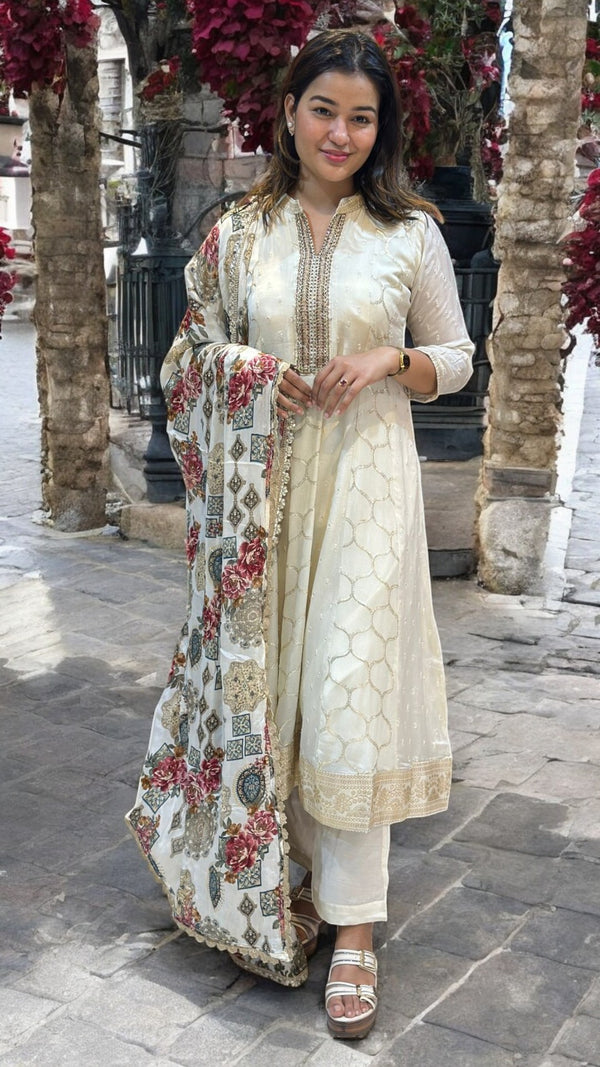 Ivory Nupur chinon silk Panel Anarkali