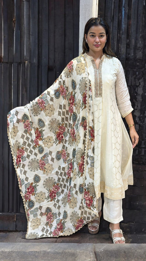 Ivory Nupur chinon silk Panel Anarkali