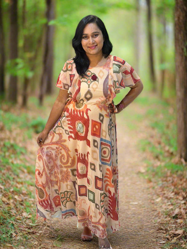Beige Dhara Chiffon Ikkat dress - Gown