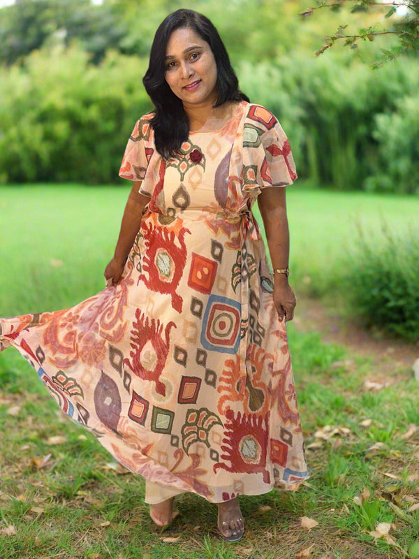 Beige Dhara Chiffon Ikkat dress - Gown