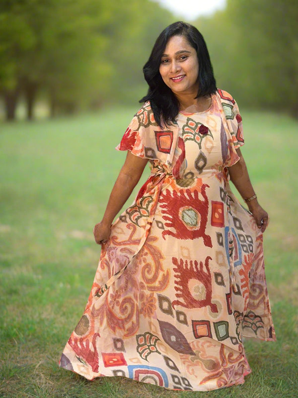 Beige Dhara Chiffon Ikkat dress - Gown