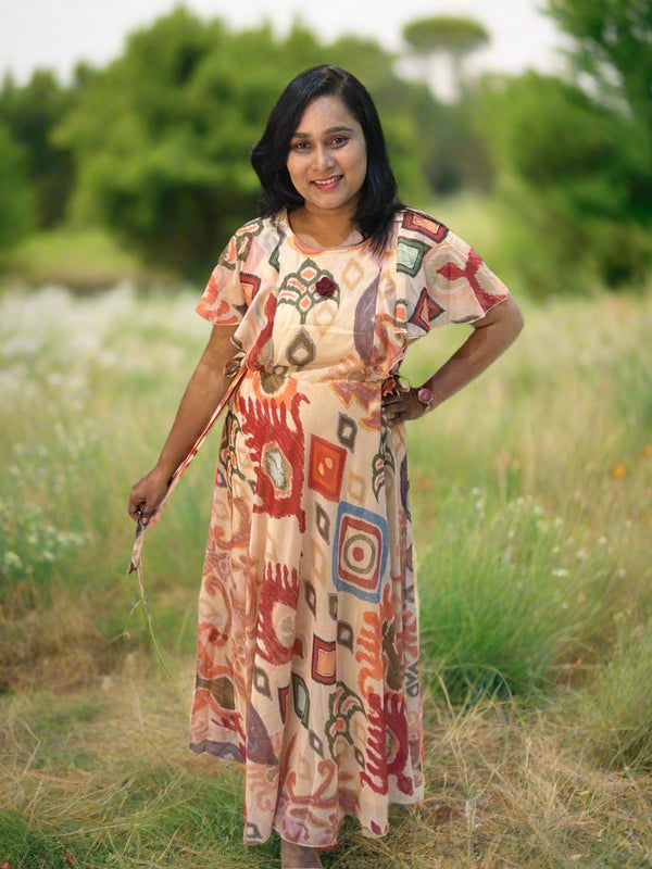 Beige Dhara Chiffon Ikkat dress - Gown