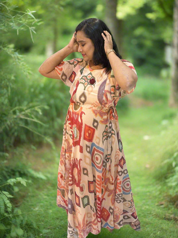 Beige Dhara Chiffon Ikkat dress - Gown