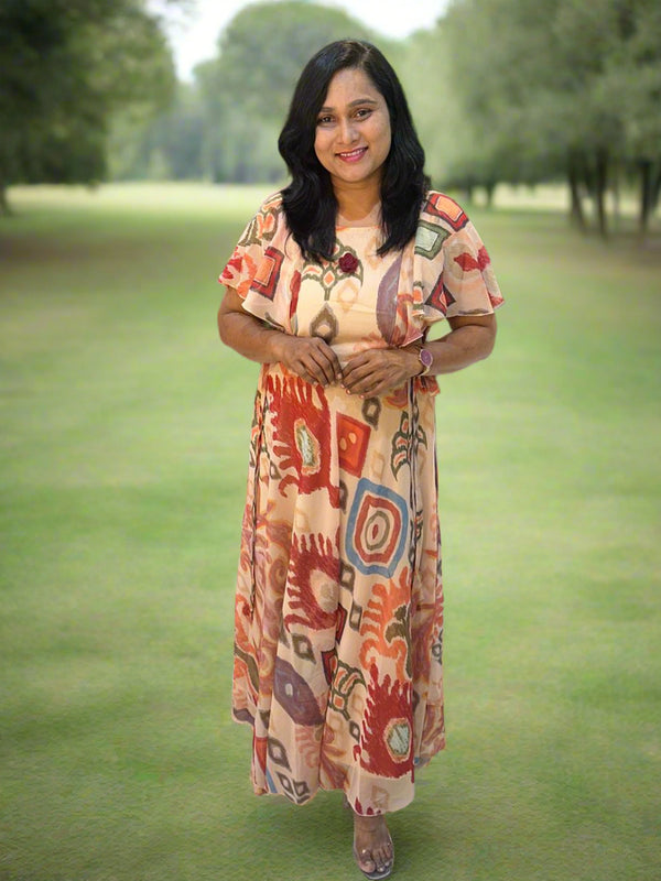 Beige Dhara Chiffon Ikkat dress - Gown