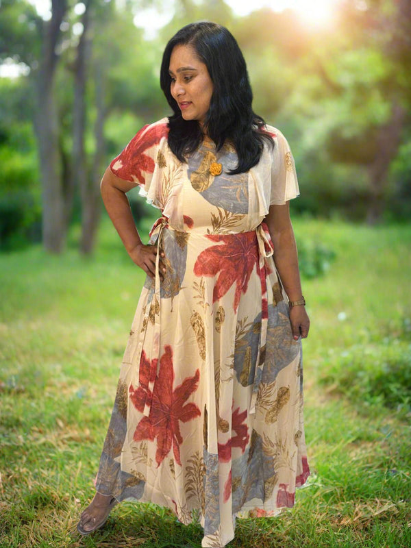 Beige Dhara Chiffon floral dress - Gown
