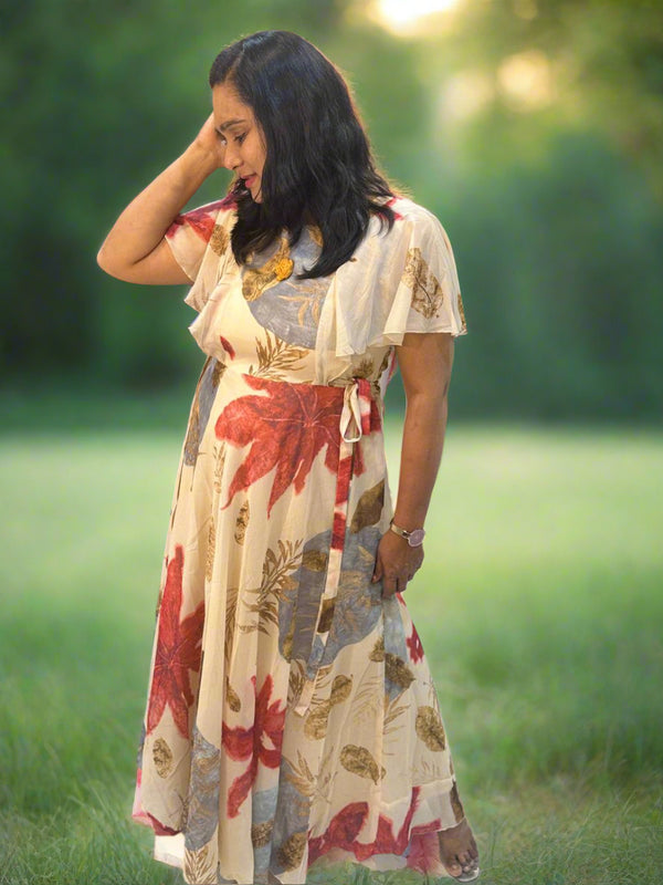 Beige Dhara Chiffon floral dress - Gown