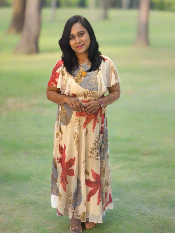 Beige Dhara Chiffon floral dress - Gown