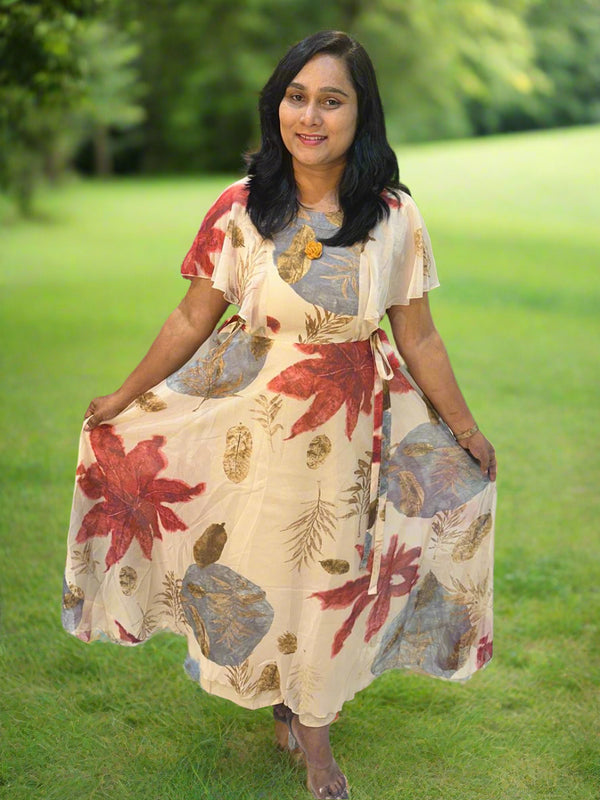 Beige Dhara Chiffon floral dress - Gown