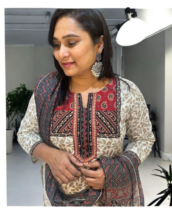 Beige Dvithi Ajrakh cotton suit set - NEW ARRIVAL