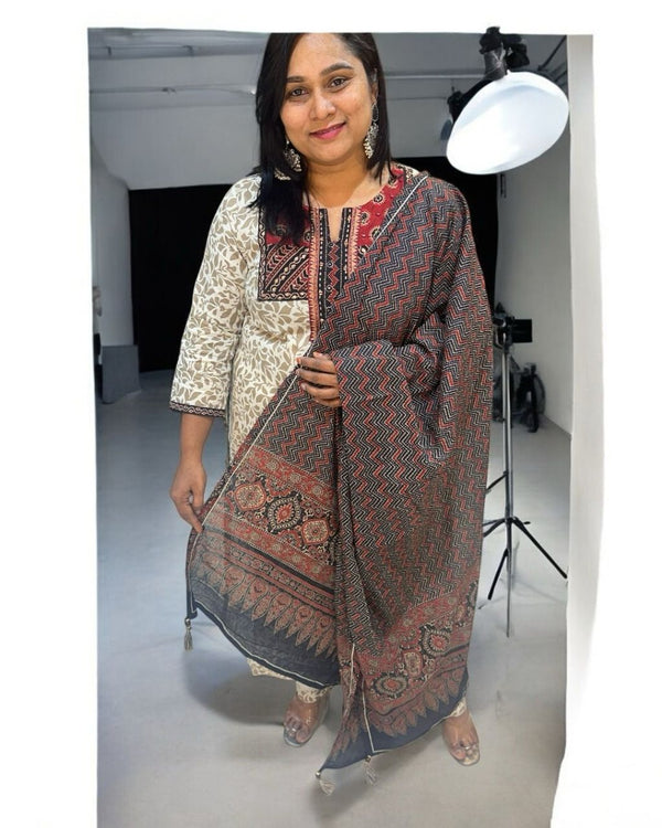 Beige Dvithi Ajrakh cotton suit set - NEW ARRIVAL