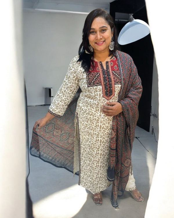 Beige Dvithi Ajrakh cotton suit set - NEW ARRIVAL