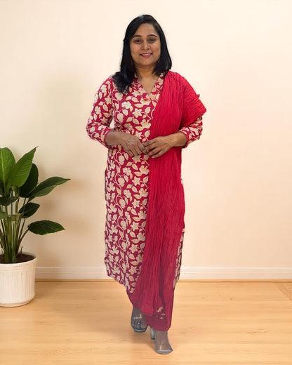Red Aachal Cotton Suit set