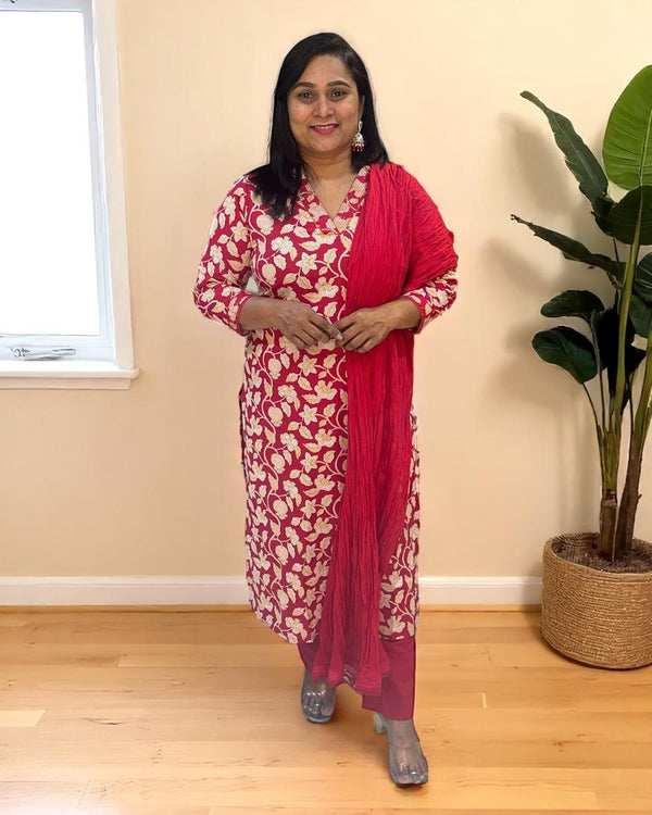 Red Aachal Cotton Suit set