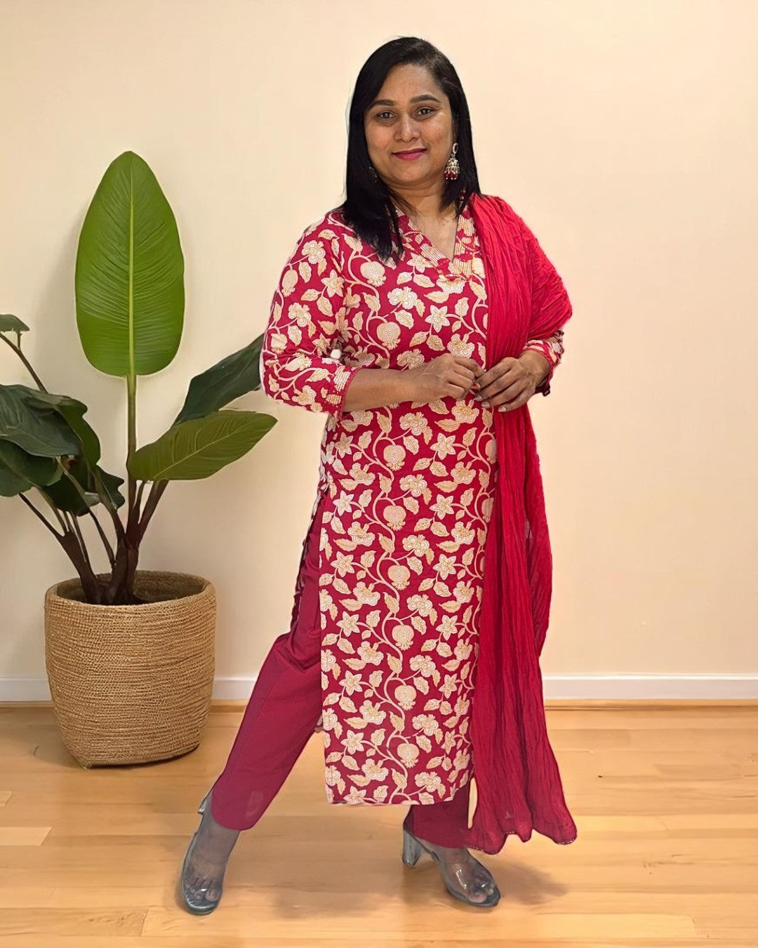Red Aachal Cotton Suit set