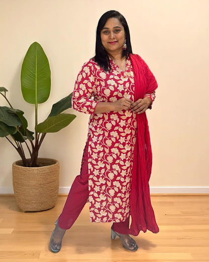 Red Aachal Cotton Suit set