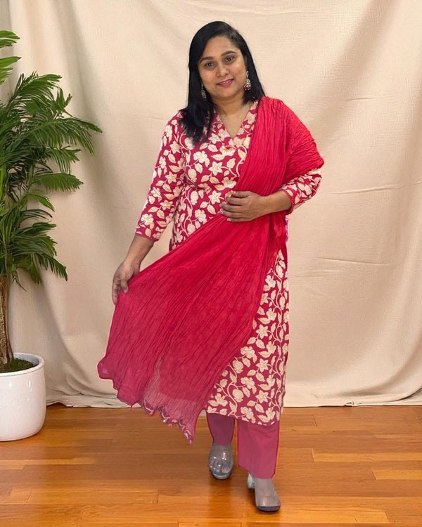 Red Aachal Cotton Suit set