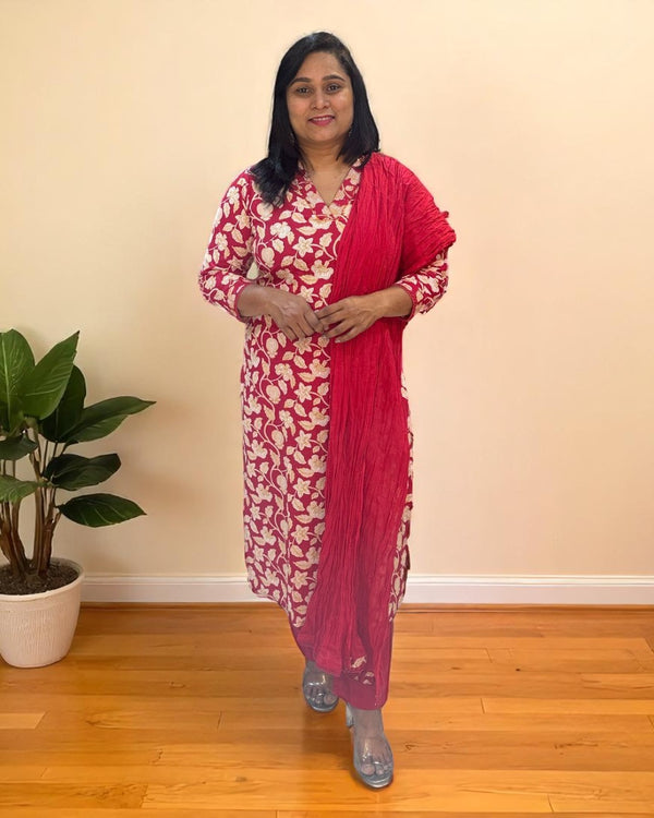 Red Aachal Cotton Suit set